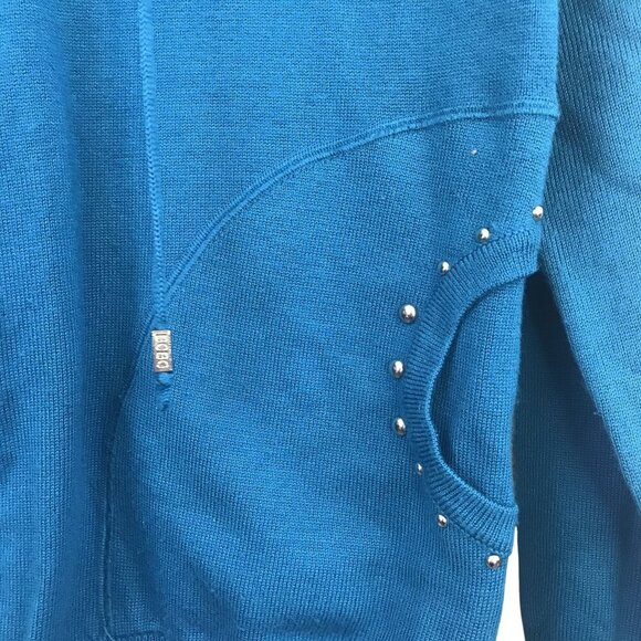BCBGMaxAzria Blue Hooded Zip-Up Sweater Embroidered Letters Studded Size L Y2K - Picture 6 of 10